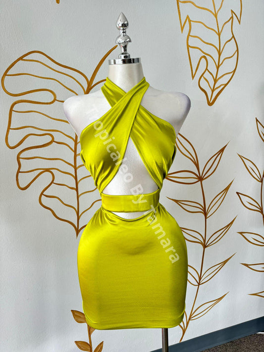 Chartreuse Goddess Halter Dress