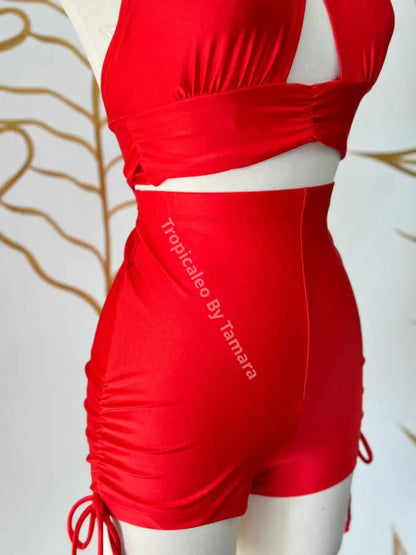 Crossover Halter Crop Top And Ruched Shorts Set