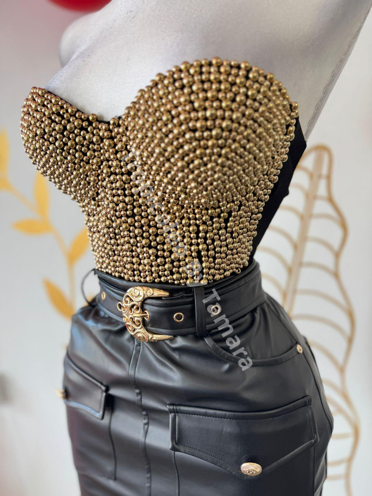 Golden Details Black Leather Skirt (Falda)