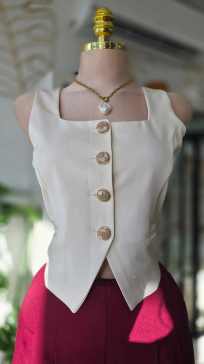 Blazer Vest Hueso con Botones Dorados, Sin Mangas