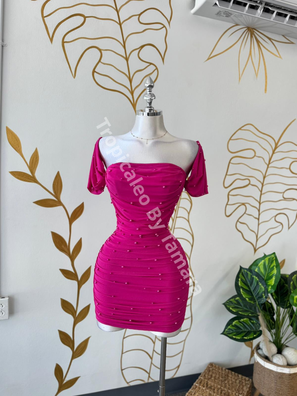 Magenta Pearl Off Shoulder Mini Dress