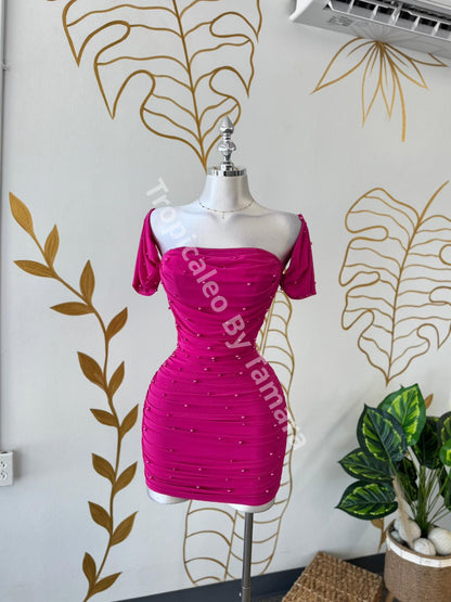 Magenta Pearl Off Shoulder Mini Dress