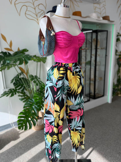 Corset Top Rosa Fucsia Satinado con Copas y Manguillos