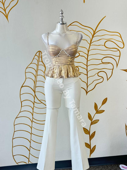 Pearl Trim Pleated Bustier Top (2 Colores Disponibles) Top