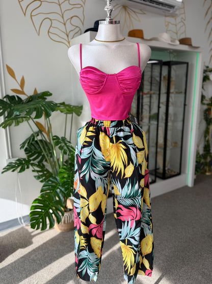 Corset Top Rosa Fucsia Satinado con Copas y Manguillos