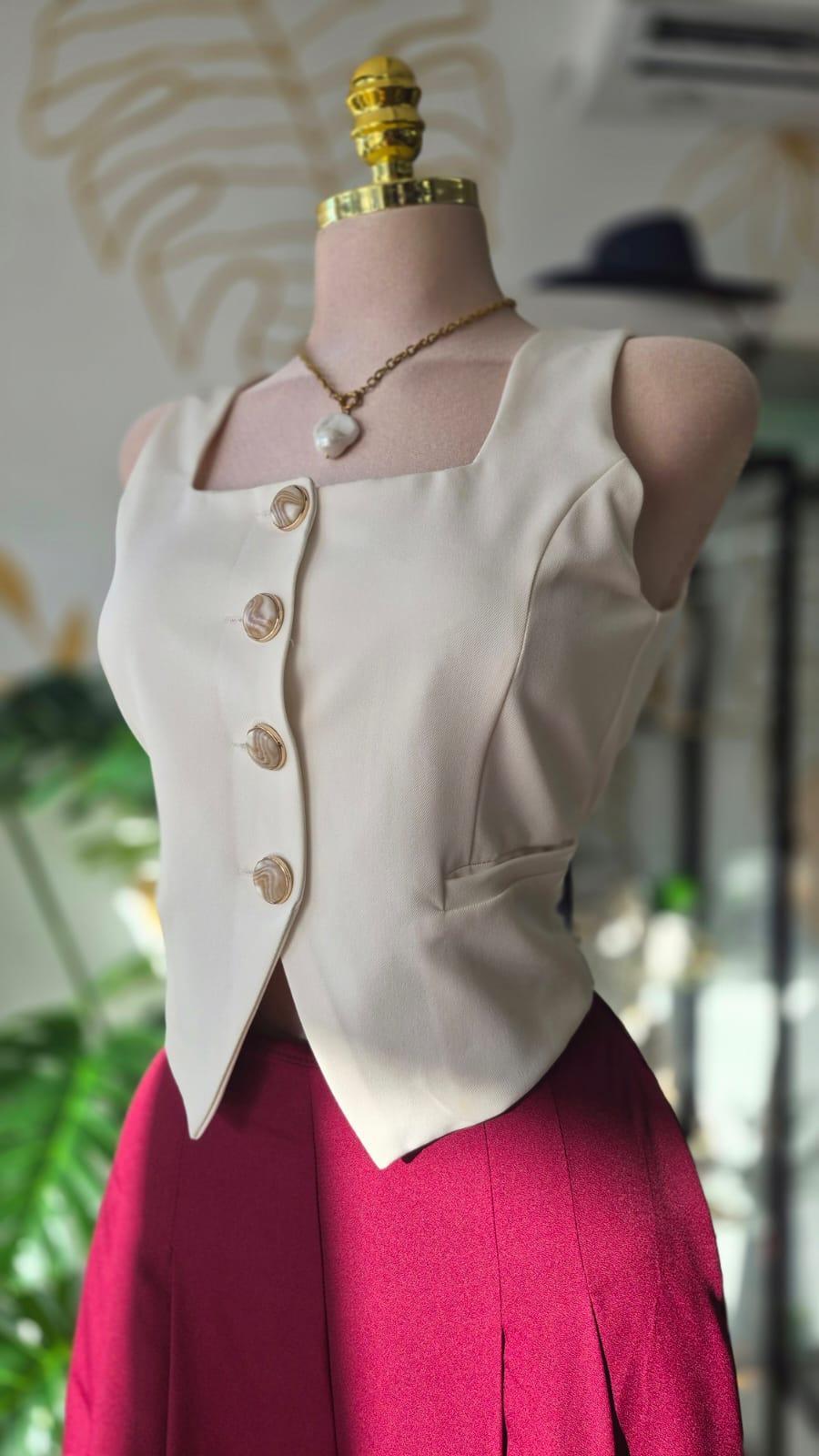 Blazer Vest Hueso con Botones Dorados, Sin Mangas