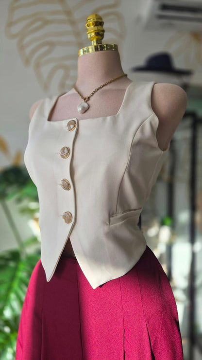 Blazer Vest Hueso con Botones Dorados, Sin Mangas
