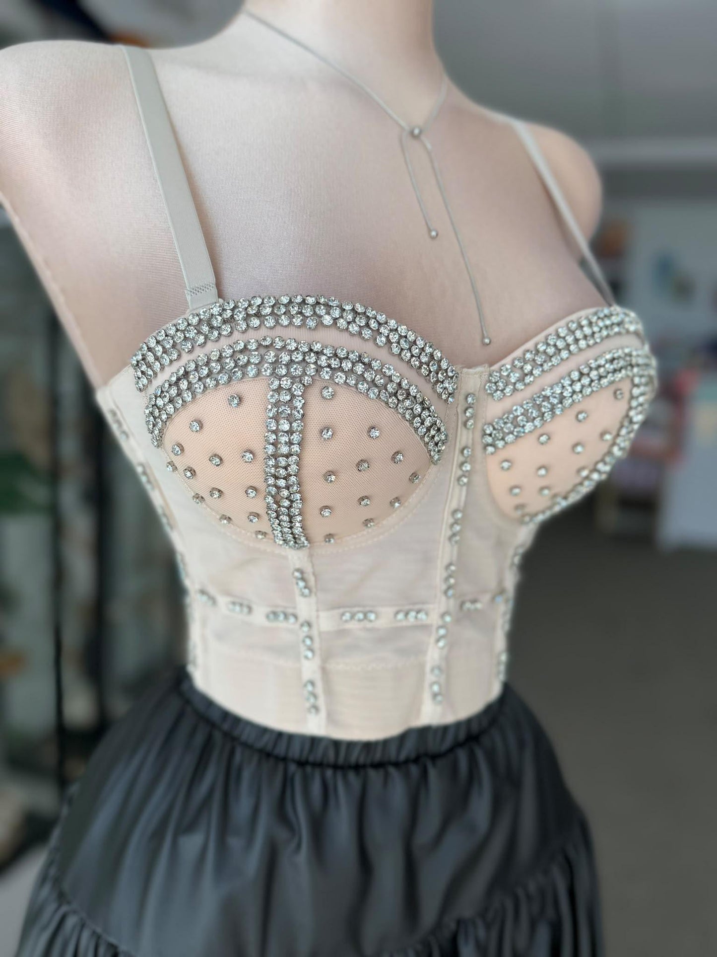 Corset Nude con Rhinestones en Cristal Plateado