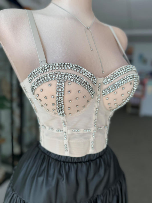 Corset Nude con Rhinestones en Cristal Plateado
