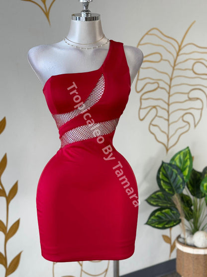 Red Rhinestone One-Shoulder Mini Dress