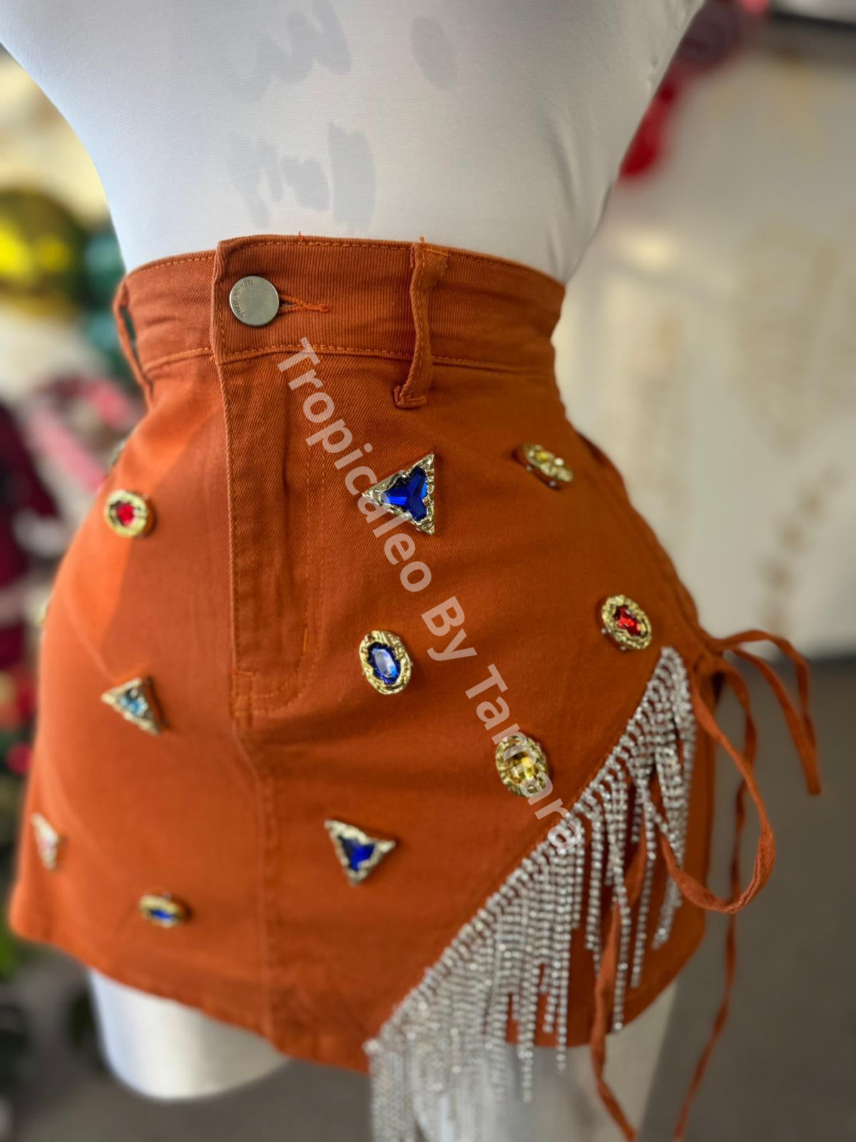 Rust Denim Skort With Rhinestone Trim