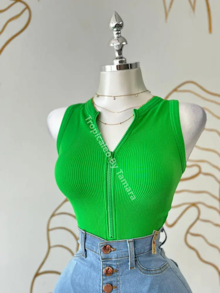 Emerald Ribbed Zip-Up Bodysuit Bodysuit