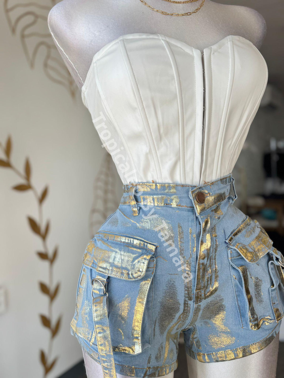 Metallic Cargo Denim Shorts