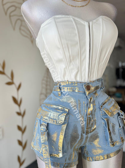 Metallic Cargo Denim Shorts