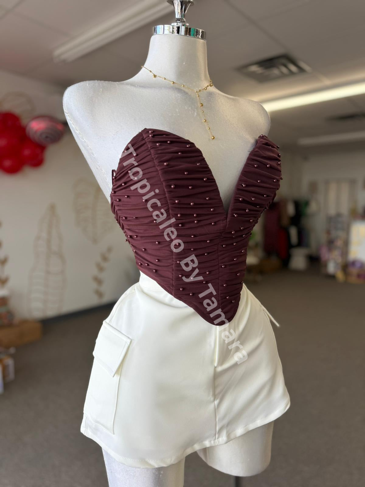 Pearl Mesh Bustier Crop Top