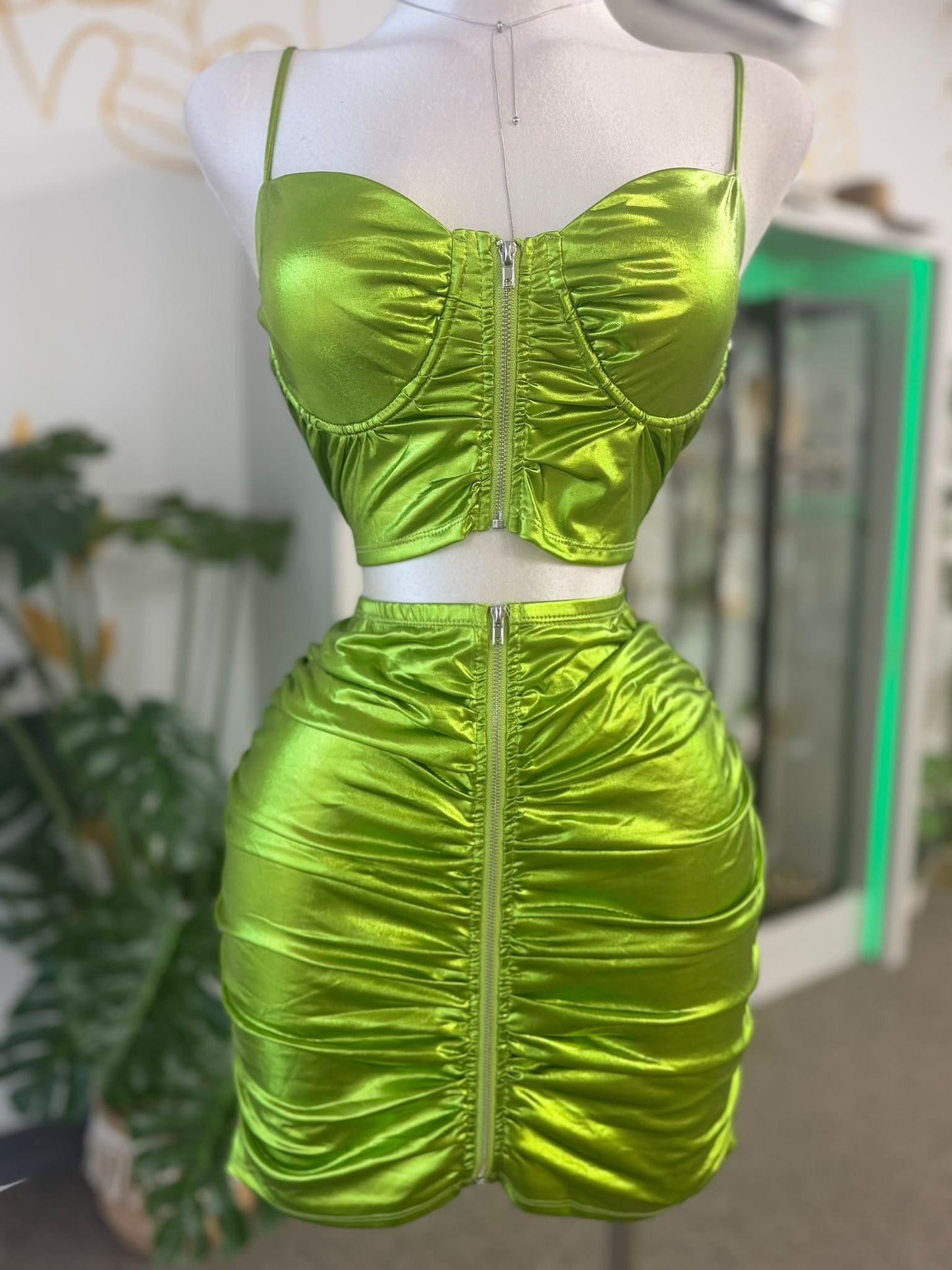 Lime Metallic Ruched Zip-Up Set