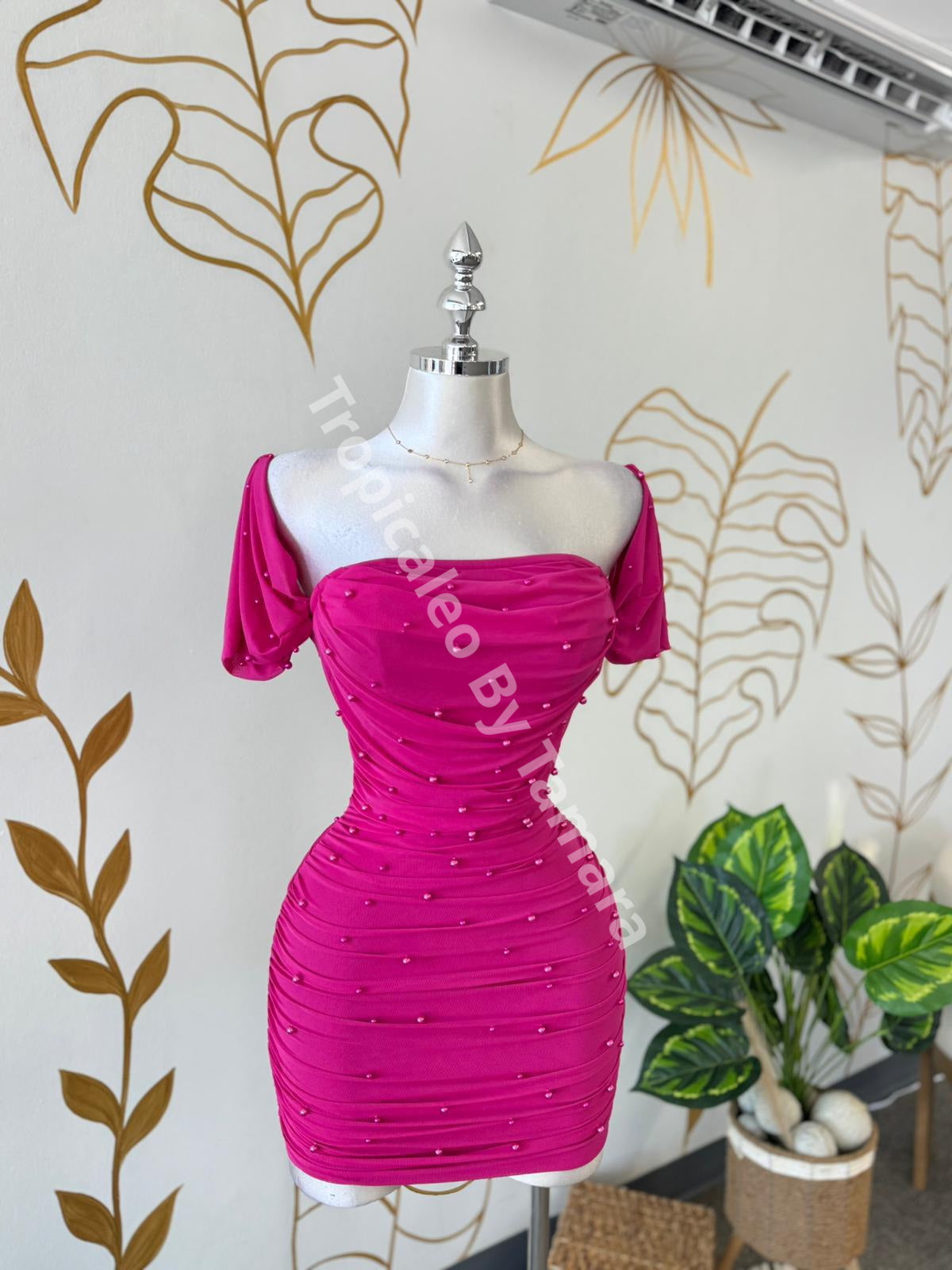 Magenta Pearl Off Shoulder Mini Dress