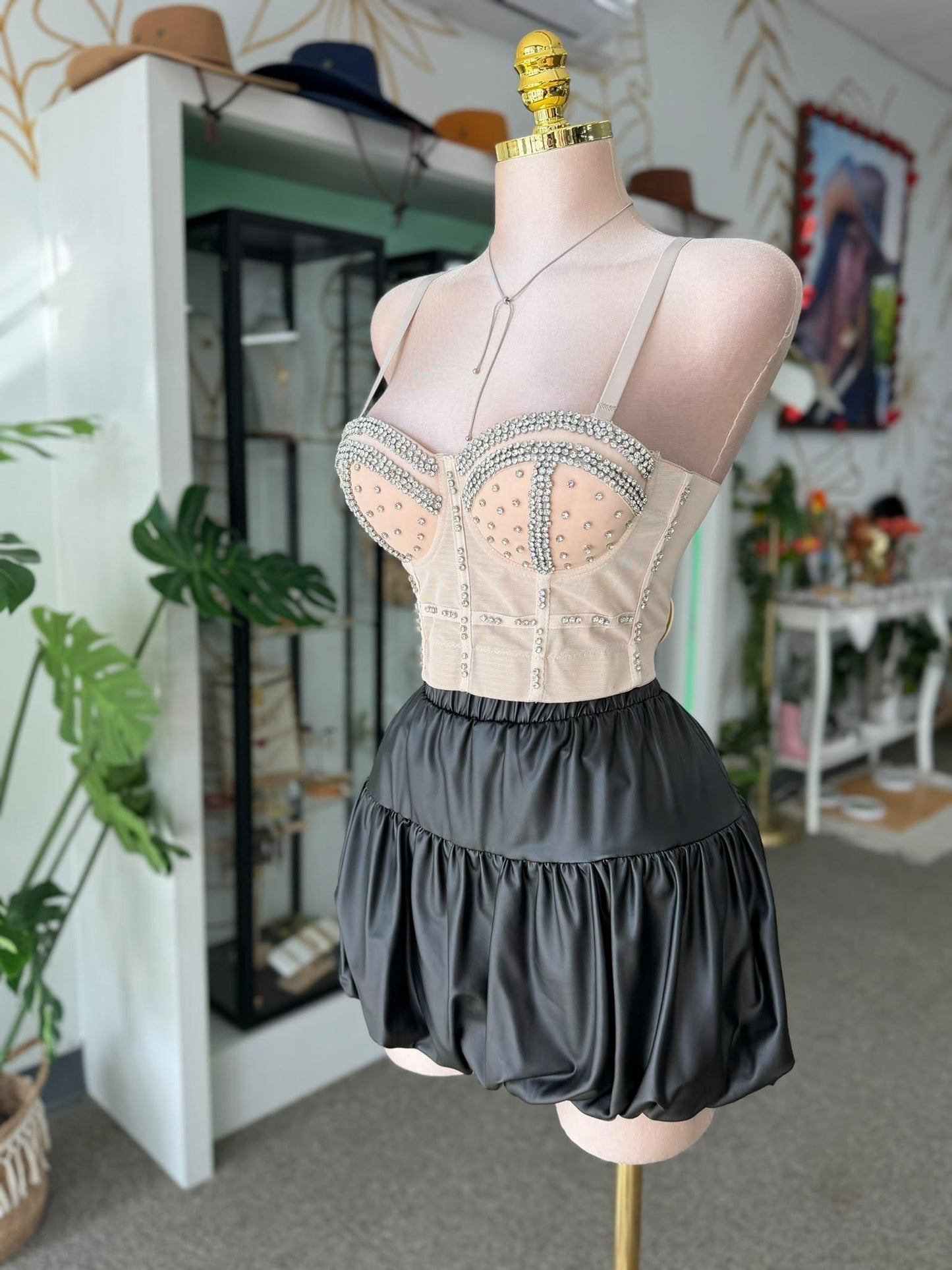 Corset Nude con Rhinestones en Cristal Plateado