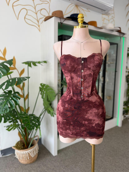 Traje Mini Burgundy Estilo Corset con Encaje