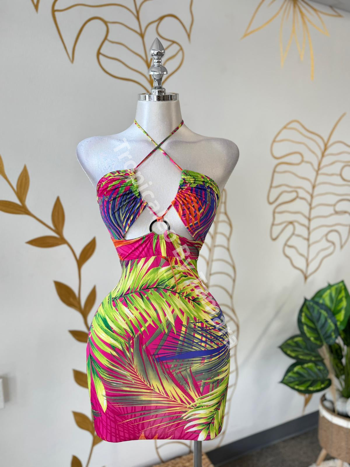 Tropical Print Halter Cutout Mini Dress