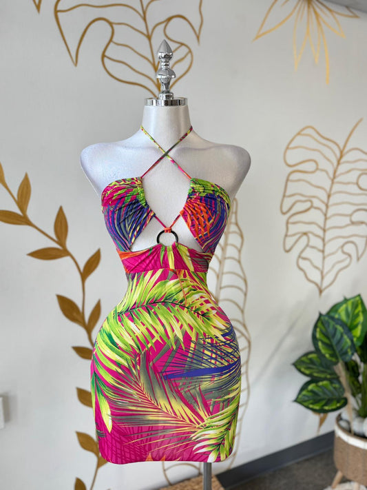 Tropical Print Halter Cutout Mini Dress