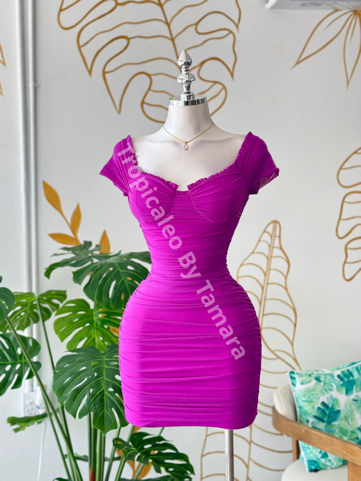 Ruched Mesh Off-Shoulder Dress