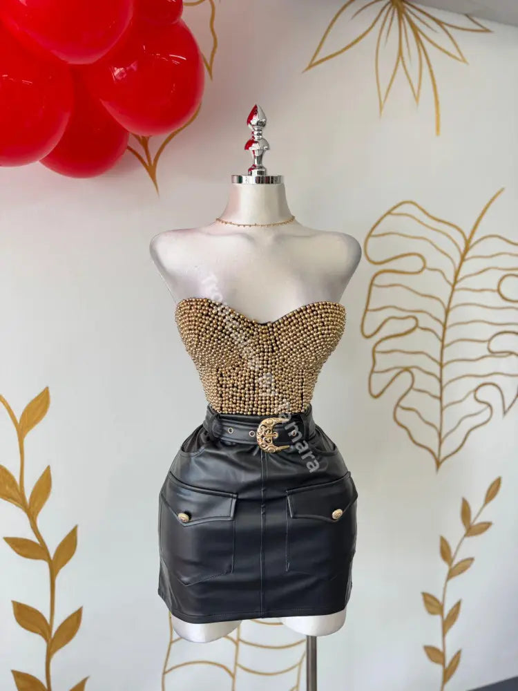 Golden Details Black Leather Skirt (Falda)