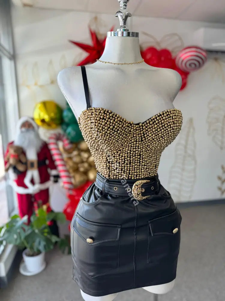 Golden Details Black Leather Skirt (Falda)