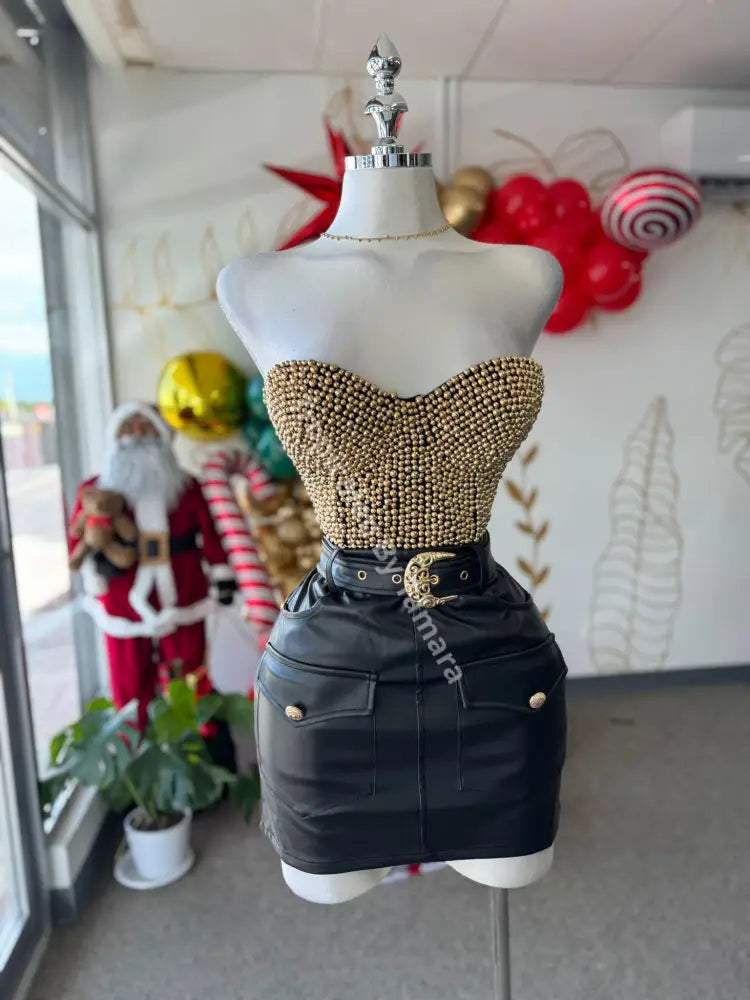 Golden Details Black Leather Skirt (Falda)