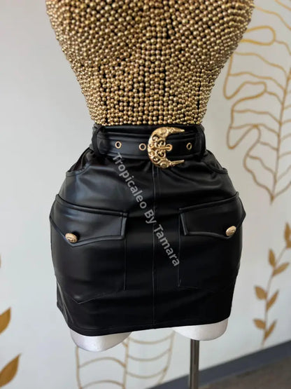 Golden Details Black Leather Skirt (Falda)