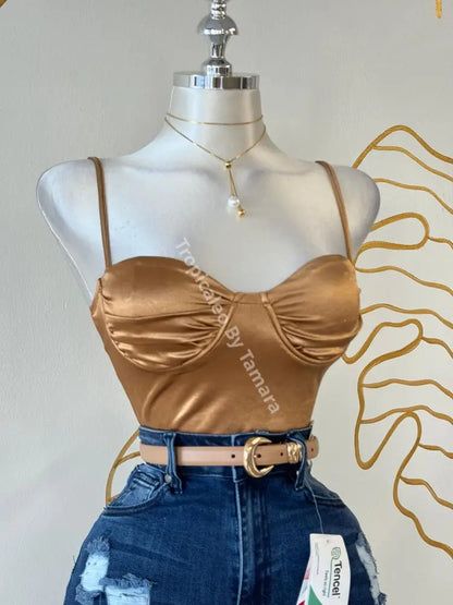 Golden Satin Bustier Crop Top