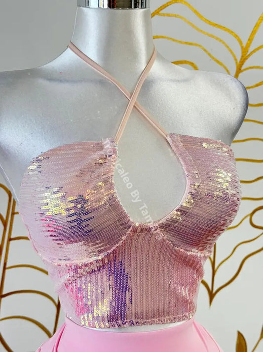 Iridescent Rose Sequin Halter Crop Top Top