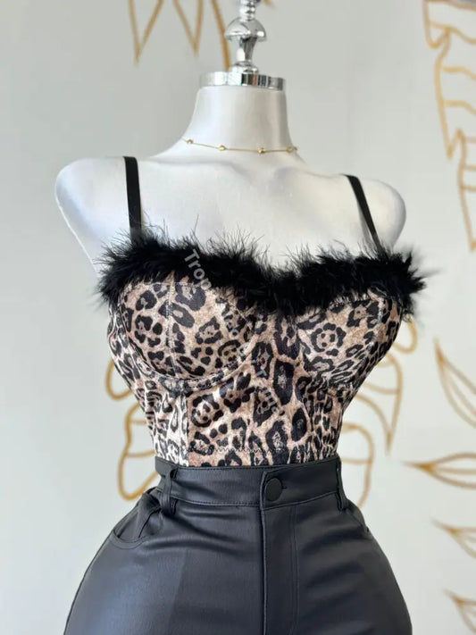 Leopard Print Faux Fur Trim Corset