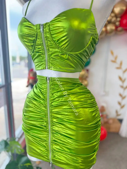 Lime Metallic Ruched Zip-Up Set