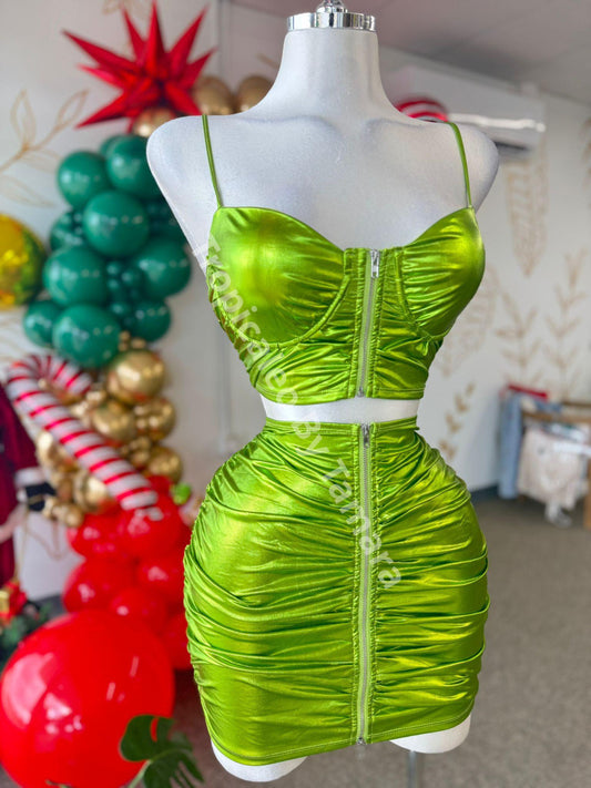 Lime Metallic Ruched Zip-Up Set