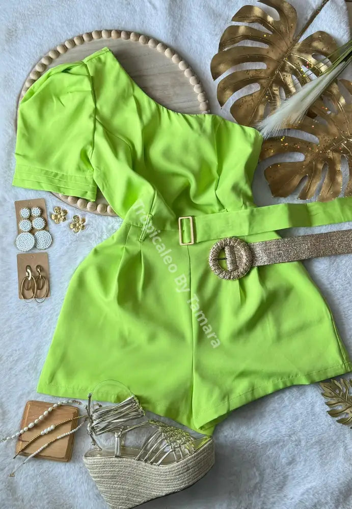 Neon One-Shoulder Belted Romper