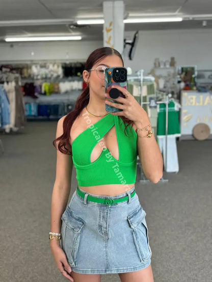 One-Shoulder Crop Top Onesize Verde Oscuro /