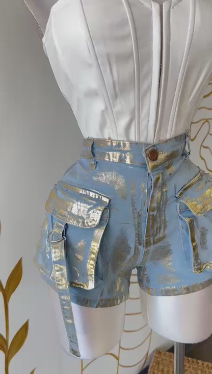 Metallic Cargo Denim Shorts