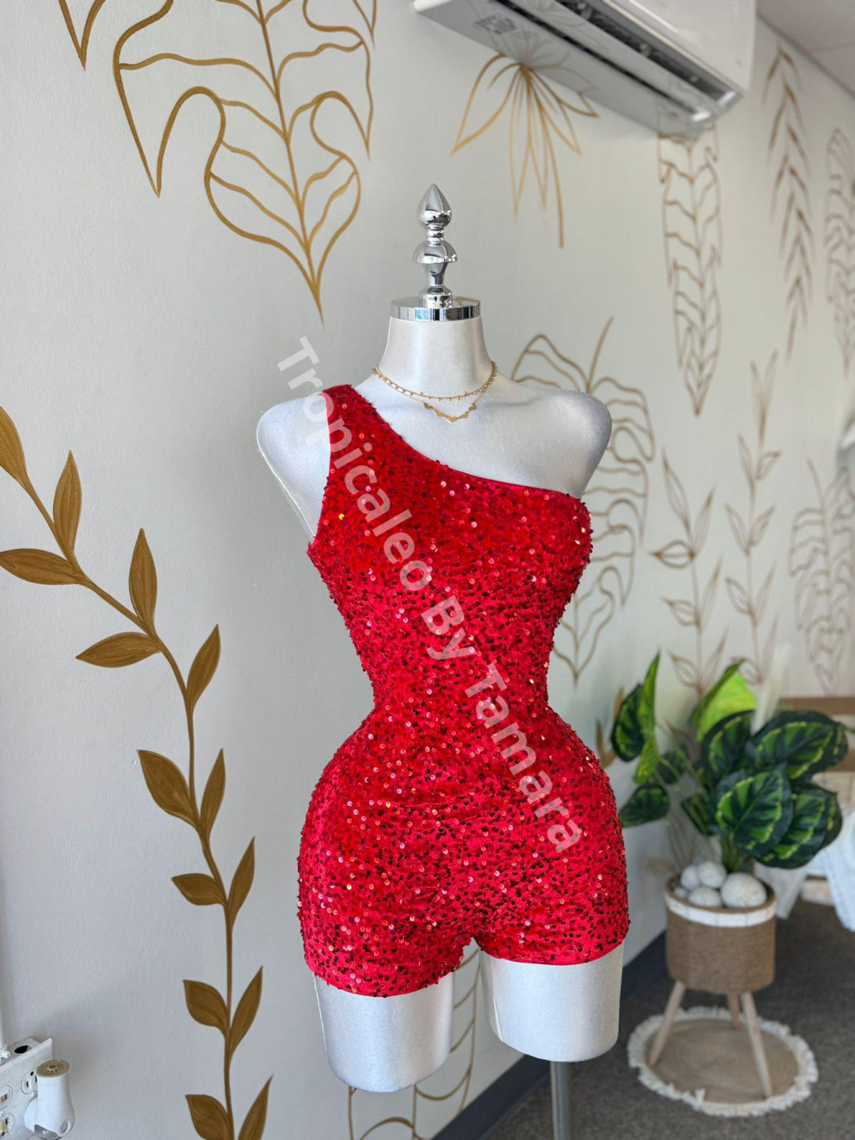 Red Spark One Shoulder Romper