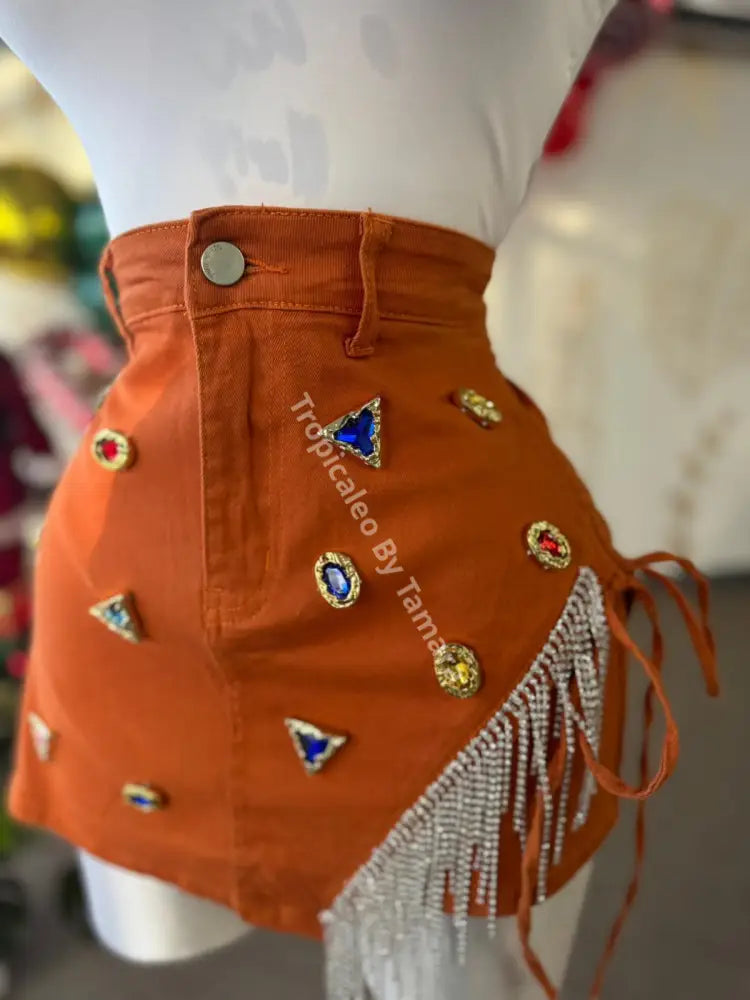 Rust Denim Skort With Rhinestone Trim