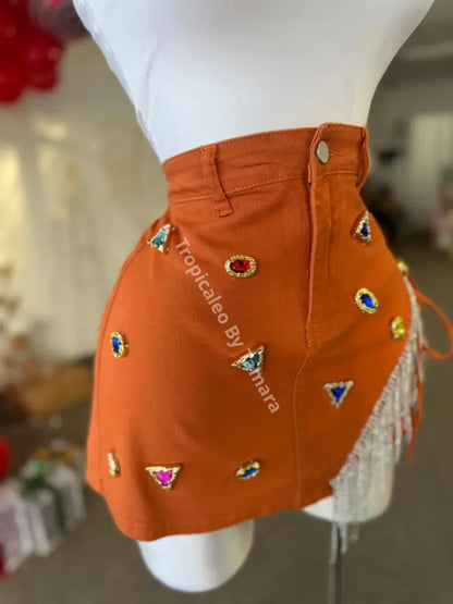 Rust Denim Skort With Rhinestone Trim