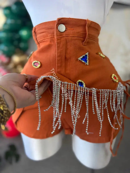 Rust Denim Skort With Rhinestone Trim