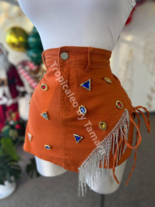 Rust Denim Skort With Rhinestone Trim