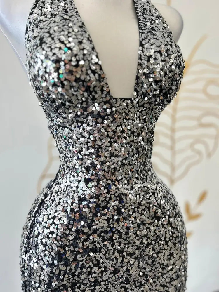 Sequin Halter Silver Dress