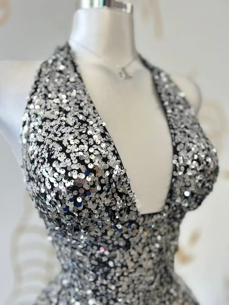 Sequin Halter Silver Dress