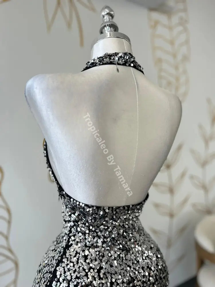 Sequin Halter Silver Dress