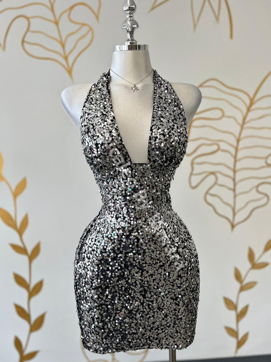 Sequin Halter Silver Dress