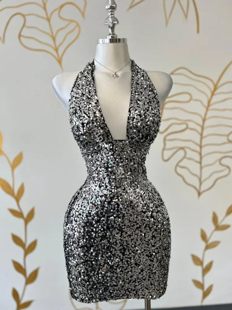 Sequin Halter Silver Dress