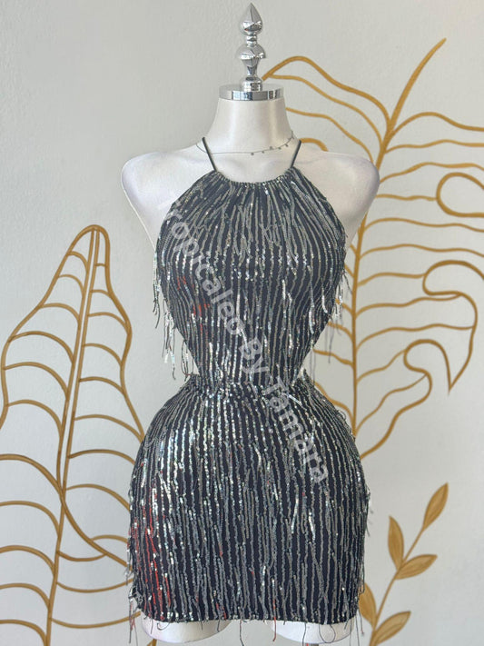 Silver Shimmer Halter Cocktail Dress