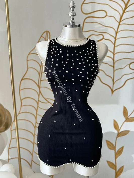 Starry Night Pearl-Embellished Mini Dress